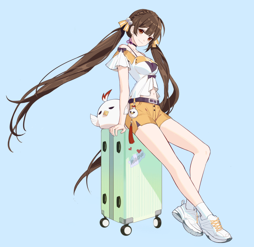 1girl absurdres bangs belt black_choker blue_background breasts brown_eyes brown_hair casual choker cleavage closed_mouth full_body hair_ornament highres honkai:_star_rail honkai_(series) honkai_impact_3rd li_sushang looking_at_viewer luggage manboygxg navel off-shoulder_shirt off_shoulder orange_shorts shirt shoes short_sleeves shorts simple_background smile sneakers solo stuffed_toy twintails white_footwear white_legwear white_shirt