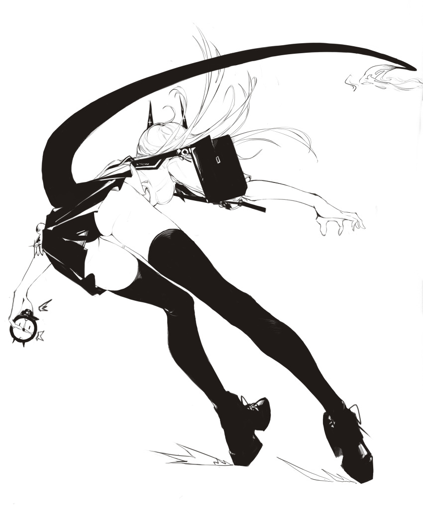 1girl absurdres alarm_clock anhao1224 ass ass_focus bag charm_(object) cloak clock demon_girl demon_horns demon_tail fiery_tail fire flame greyscale highres holding holding_alarm_clock horns long_hair monochrome original panties school_uniform serafuku simple_background sketch skirt solo tail thighhighs underwear uniform white_background