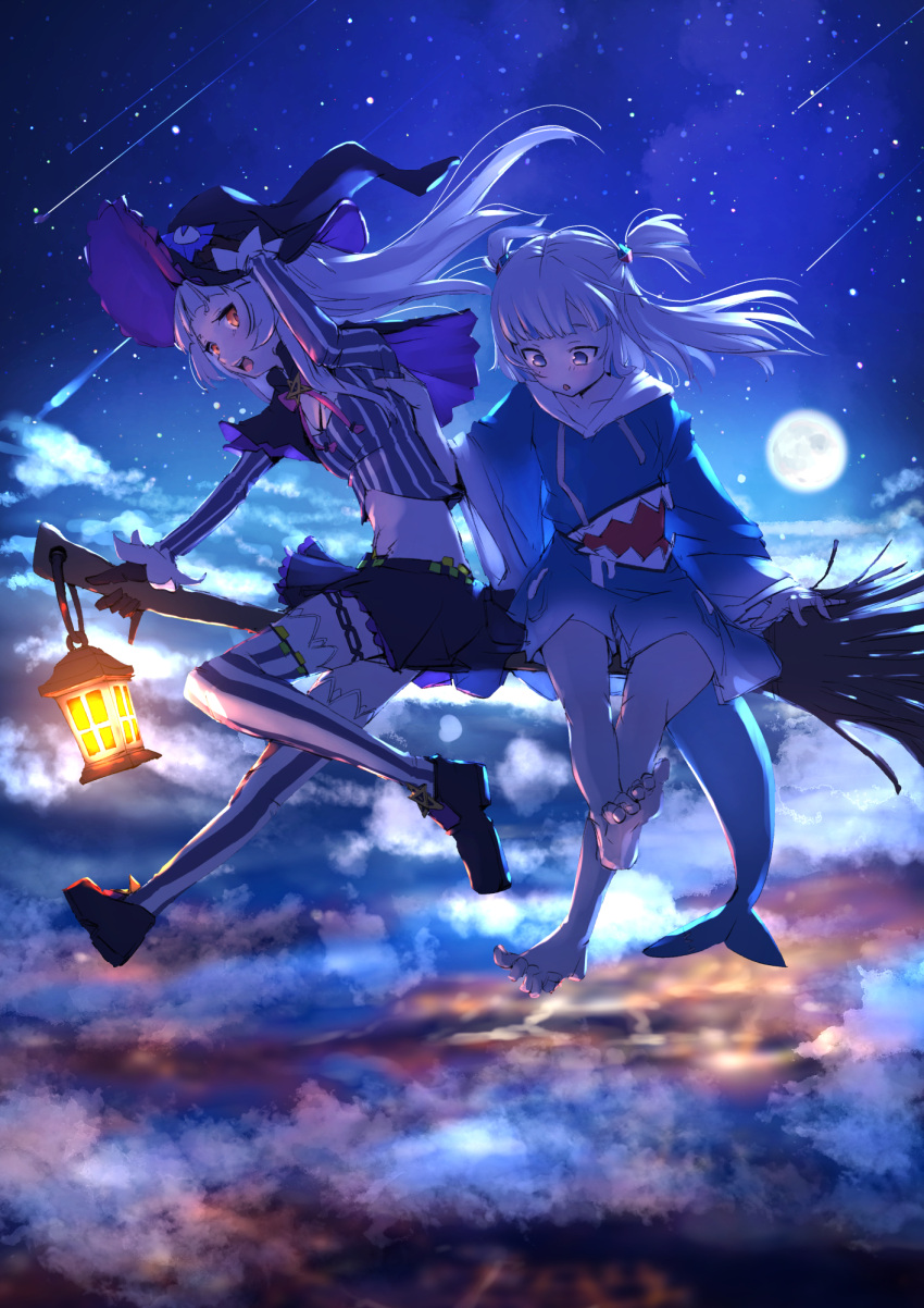 2girls bare_legs barefoot black_capelet black_skirt blue_eyes blue_hair blue_hoodie broom broom_riding capelet cloud floating_hair full_moon gawr_gura hat highres hololive hololive_english hood hoodie lantern long_hair long_sleeves mitsuru_(pixiv_34028718) moon multicolored_hair multiple_girls murasaki_shion night night_sky open_mouth orange_eyes shirt shoes skirt sky streaked_hair striped striped_legwear striped_shirt thigh_strap thighhighs two_side_up vertical-striped_legwear vertical-striped_shirt vertical_stripes virtual_youtuber white_hair witch_hat