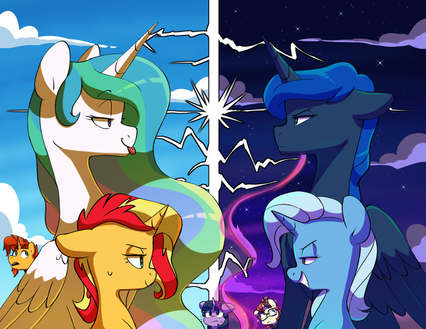 absurd_res chub-wub day doodle-mark doodlemark equestria_girls equid equine eyewear facial_hair female feral friendship_is_magic glasses hasbro hi_res horn male mammal moondancer_(mlp) my_little_pony night princess_celestia_(mlp) princess_luna_(mlp) sunburst_(mlp) sunset_shimmer_(eg) tongue tongue_out trixie_(mlp) unicorn winged_unicorn wings