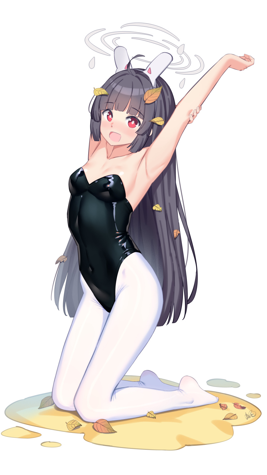 1girl absurdres animal_ears armpits bare_shoulders black_hair black_leotard blue_archive breasts covered_navel fake_animal_ears happy highleg highleg_leotard highres kneeling leotard long_hair miyu_(blue_archive) open_mouth pantyhose playboy_bunny rabbit_ears red_eyes small_breasts strapless strapless_leotard stretch white_legwear xiaoxi0619