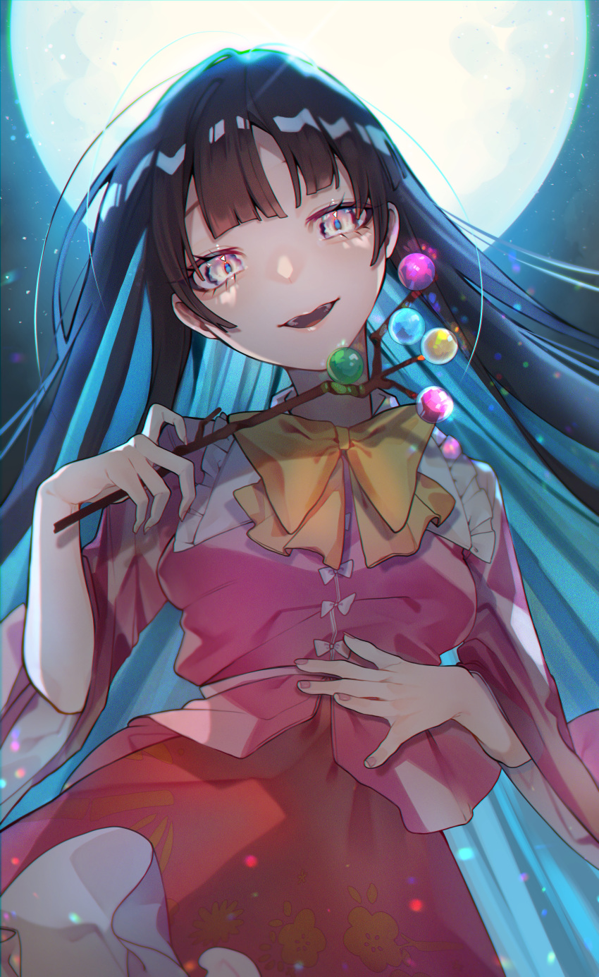 1girl :d absurdres bow bowtie branch from_below full_moon highres houraisan_kaguya jeweled_branch_of_hourai kappa_mame long_hair looking_at_viewer moon moonlight night night_sky open_mouth shirt skirt sky smile solo star_(sky) touhou wide_sleeves yellow_bow yellow_bowtie