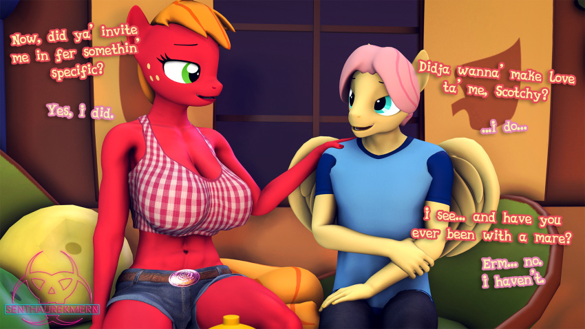 3d_(artwork) anthro anthrofied big_breasts big_macintosh_(mlp) breasts cleavage clothed clothing crossgender digital_media_(artwork) equid equine female fluttershy_(mlp) friendship_is_magic ftm_crossgender hi_res male mammal mtf_crossgender my_little_pony senthaurekmern