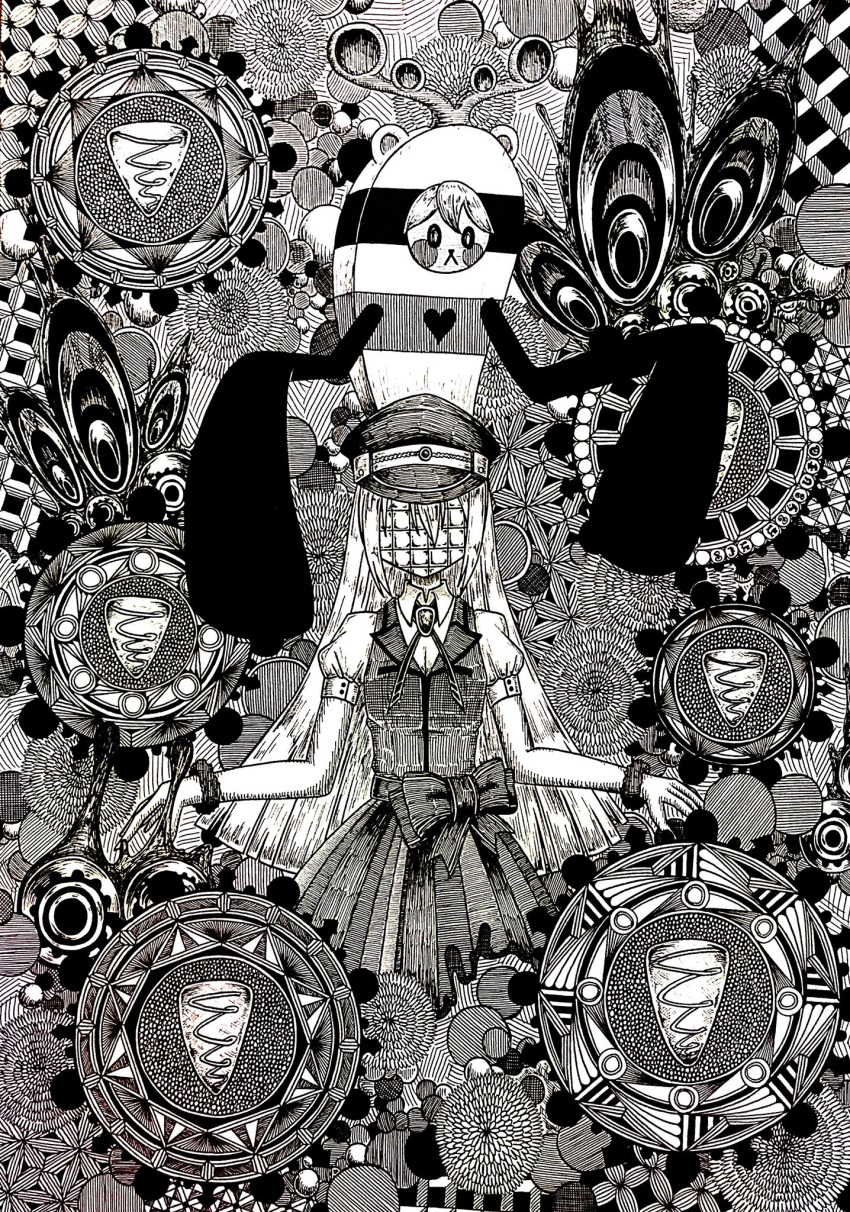 1girl abstract alina_gray blunt_ends bow buttons cowboy_shot cross_tie detached_collar doppel_(madoka_magica) faceless flower fur_cuffs gem greyscale hair_between_eyes hat hatching_(texture) highres lapel long_hair magia_record:_mahou_shoujo_madoka_magica_gaiden magical_girl mahou_shoujo_madoka_magica monochrome old_dorothy peaked_cap puffy_short_sleeves puffy_sleeves rigel0310 short_sleeves sidelocks skirt striped striped_skirt v-neck vertical-striped_skirt vertical_stripes very_long_hair virus waist_bow