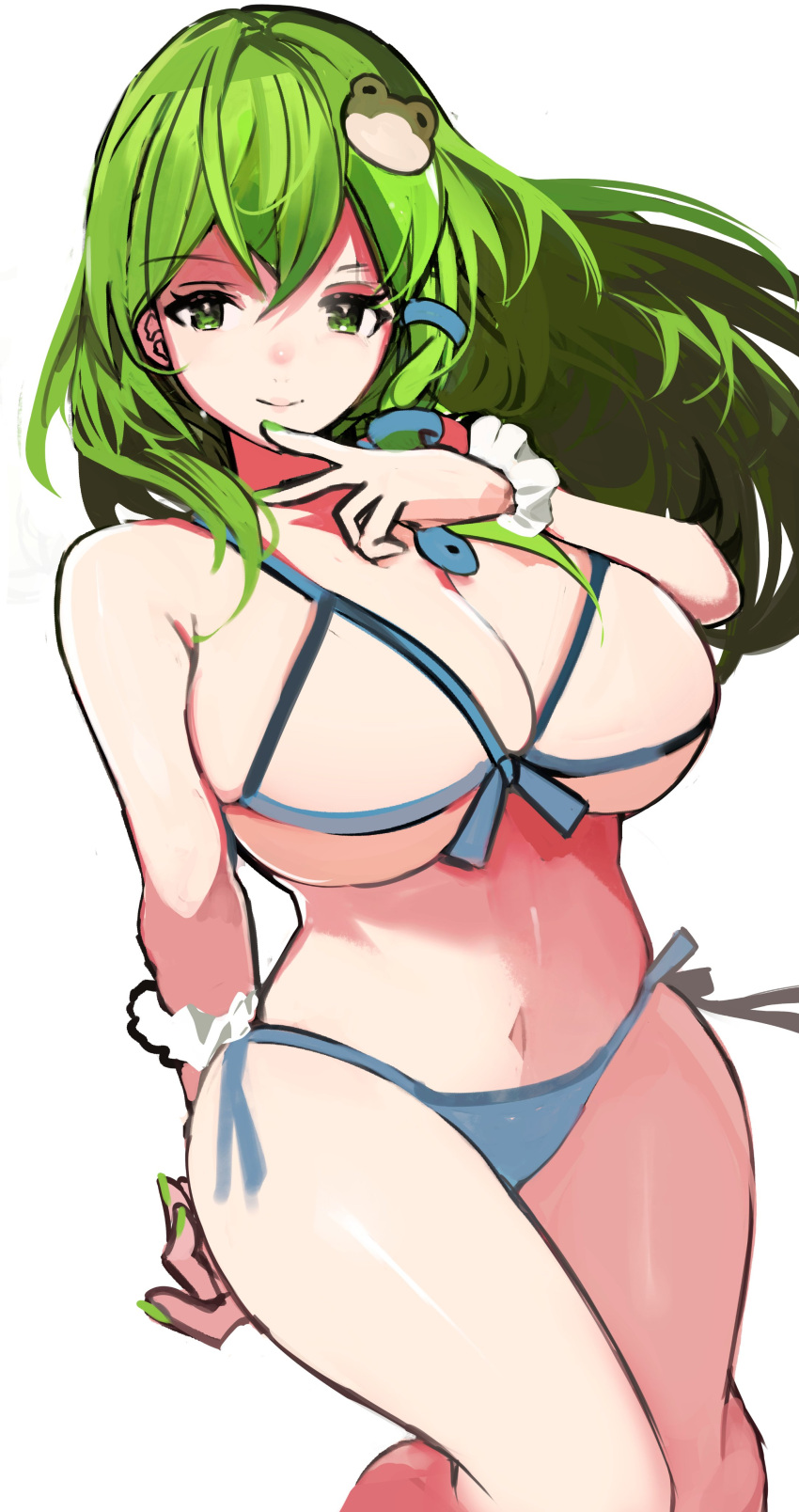 1girl absurdres alternate_costume bikini breasts cleavage green_eyes green_hair highres kochiya_sanae large_breasts long_hair navel simple_background single_sidelock solo swimsuit tarbo_(exxxpiation) touhou white_background