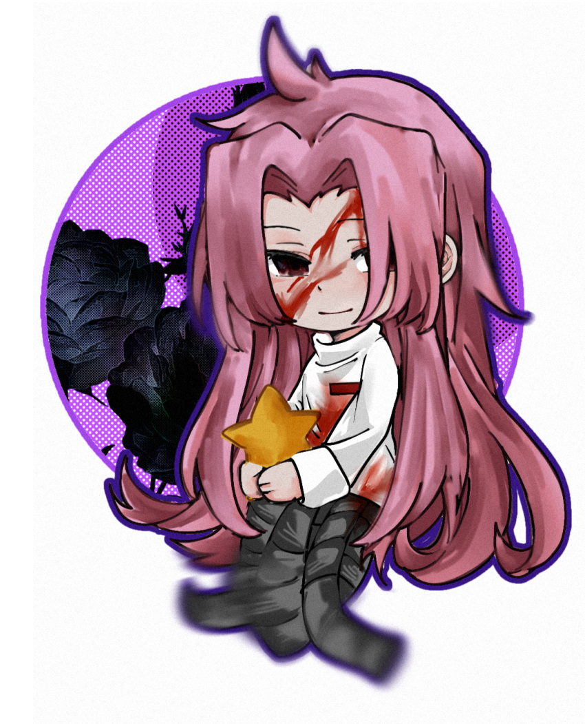 1boy black_flower black_rose blood blood_on_clothes blood_on_face chibi chinese_commentary closed_mouth commentary_request empty_eyes eyebrows_behind_hair film_grain flower full_body hatsutori_hajime highres holding holding_star industrial_pipe jiehaitangsha long_hair long_sleeves male_focus motion_blur pink_hair red_eyes rose saibou_shinkyoku shirt sitting smile solo spoilers star_(symbol) white_shirt