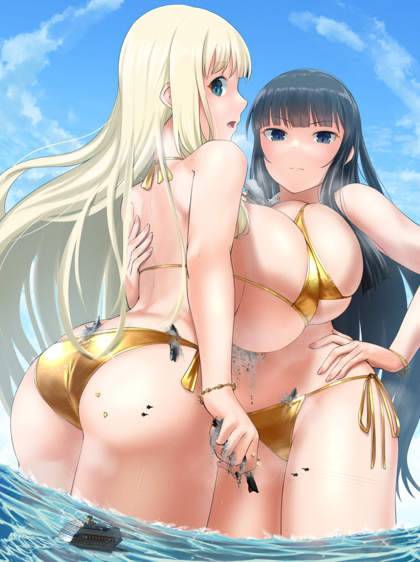 2girls ass backboob bangs bikini black_hair blonde_hair blue_eyes blunt_bangs breast_press breasts character_request copyright_request cowboy_shot from_behind from_below giant giantess gold_bikini green_eyes hand_on_hip highres huge_breasts long_hair looking_at_viewer looking_back micro_bikini multiple_girls rakia_(ds00309) ship side-tie_bikini sideboob skindentation sky string_bikini swimsuit symmetrical_docking underboob very_long_hair wading watercraft