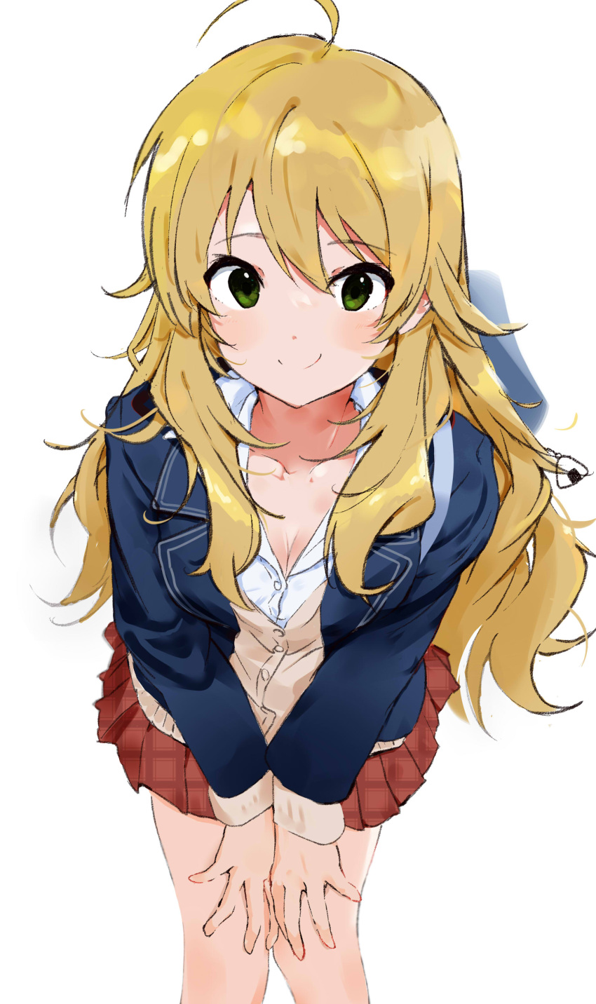 1girl absurdres ahoge bent_over blazer blonde_hair breasts cleavage closed_mouth collarbone collared_shirt cowboy_shot green_eyes hair_between_eyes hands_on_own_thighs highres hoshii_miki idolmaster idolmaster_(classic) jacket long_hair long_sleeves looking_at_viewer medium_breasts miniskirt partially_unbuttoned pleated_skirt shirt sketch skirt smile solo uniform v_arms zenoo