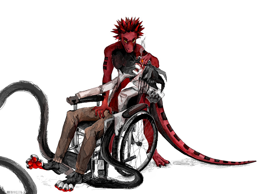 anthro blood bodily_fluids burn cigarette crying duo eye_gouge felid feline furx_(character) gore jeffusherb lizard male male/male mammal pain pascal_(jeffusherb) reptile revenge scalie tears torture wheelchair wounded