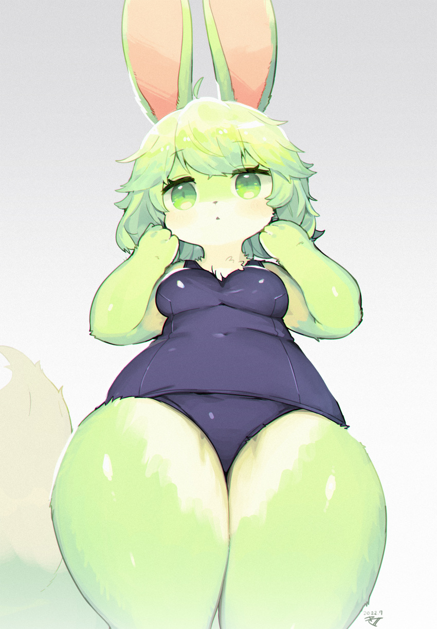 absurd_res anthro breasts clothed clothing female fur green_body green_fur green_hair hair hi_res kishibe mammal school_swimsuit solo swimwear thick_thighs