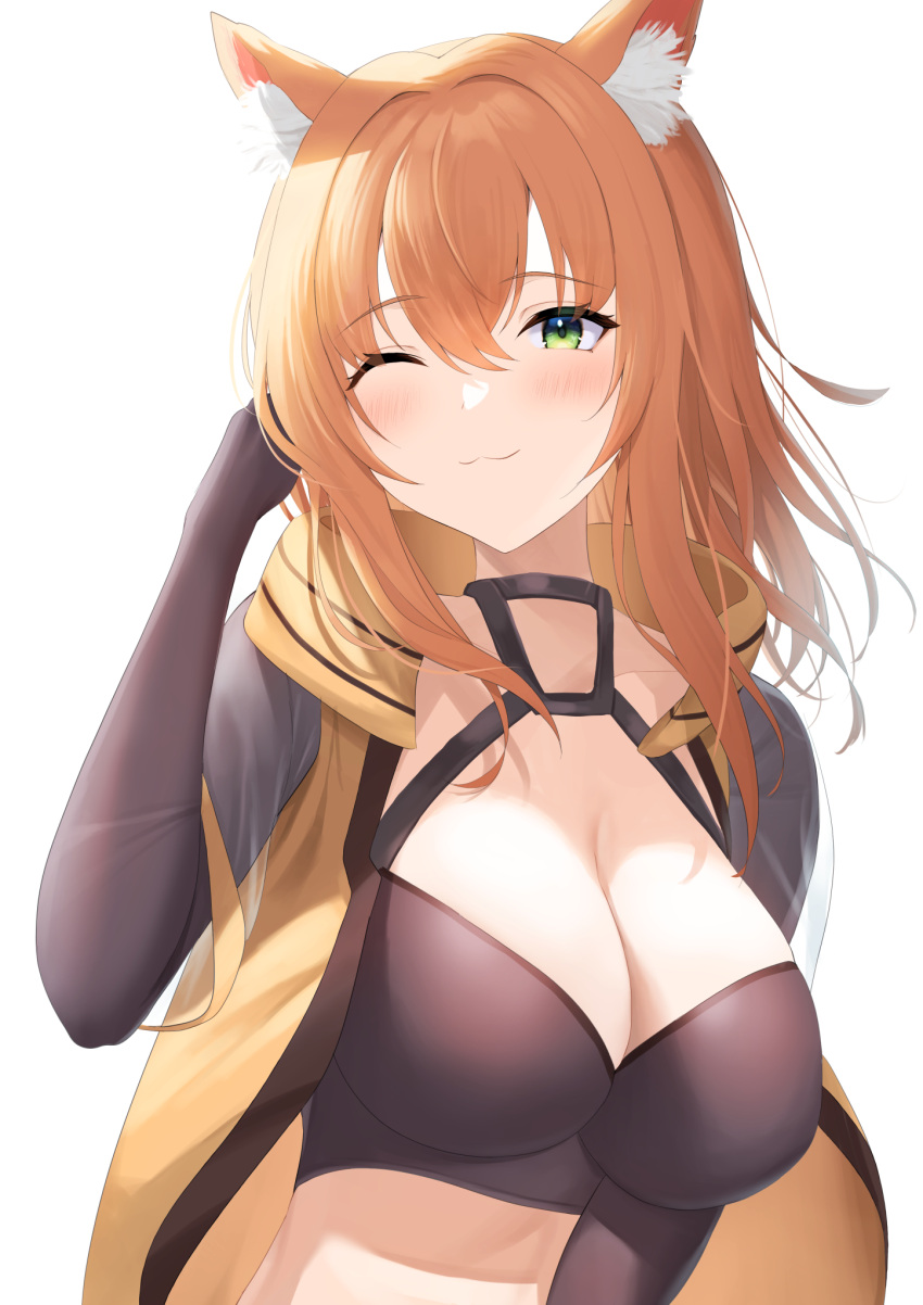 1girl :3 animal_ears black_gloves blush breasts brown_hair character_request cleavage closed_mouth copyright_request fox_ears fox_girl futon_fly_away gloves green_eyes highres large_breasts looking_at_viewer medium_breasts one_eye_closed simple_background smile solo upper_body white_background