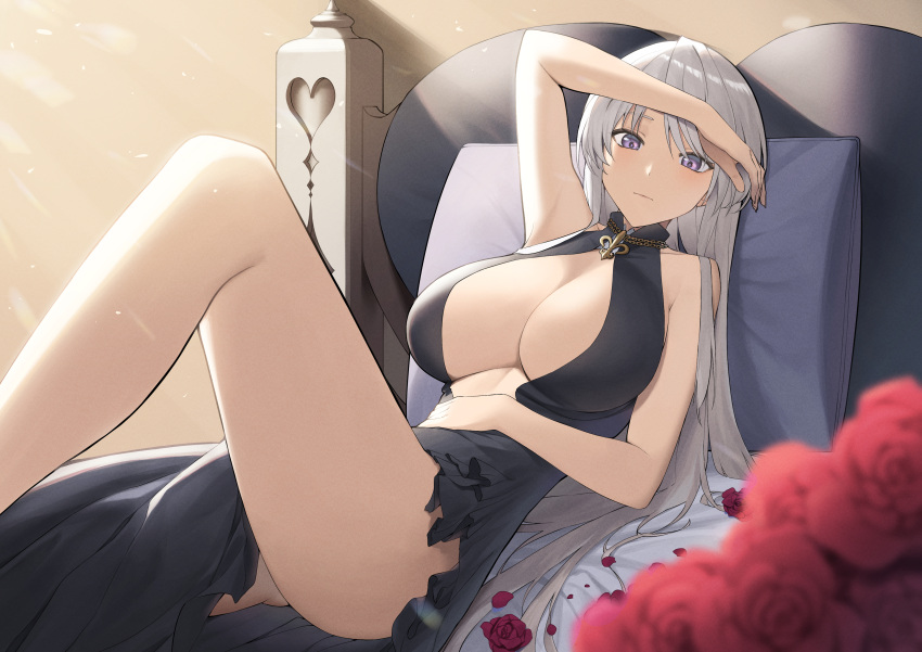 1girl absurdres azur_lane bangs bed blue_eyes breasts cleavage closed_mouth dress enterprise_(azur_lane) enterprise_(heroic_finery)_(azur_lane) evening_gown flower grey_hair hand_on_own_forehead hand_on_own_stomach heart highres large_breasts long_hair looking_at_viewer lordol official_alternate_costume on_bed pillow rose side_slit thighs