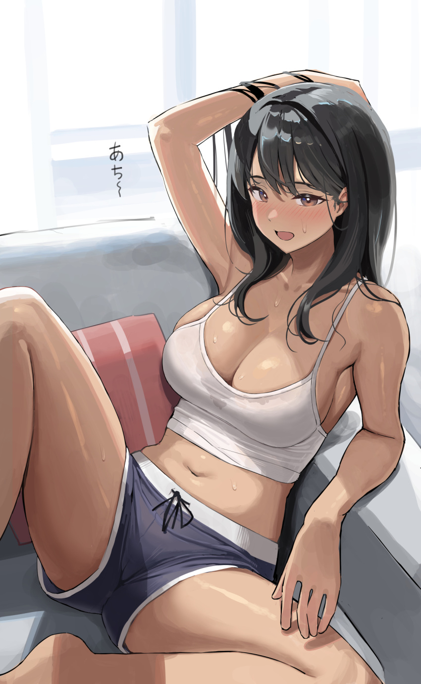 1girl arm_behind_head armpits black_hair blush breasts cleavage collarbone commentary_request couch crop_top dark-skinned_female dark_skin duplicate gym_shorts highres indoors large_breasts long_hair looking_at_viewer navel on_couch original pixel-perfect_duplicate short_shorts shorts sitting solo spread_legs sweat taniguchi_daisuke_(surumenium) tank_top wet wet_clothes white_tank_top