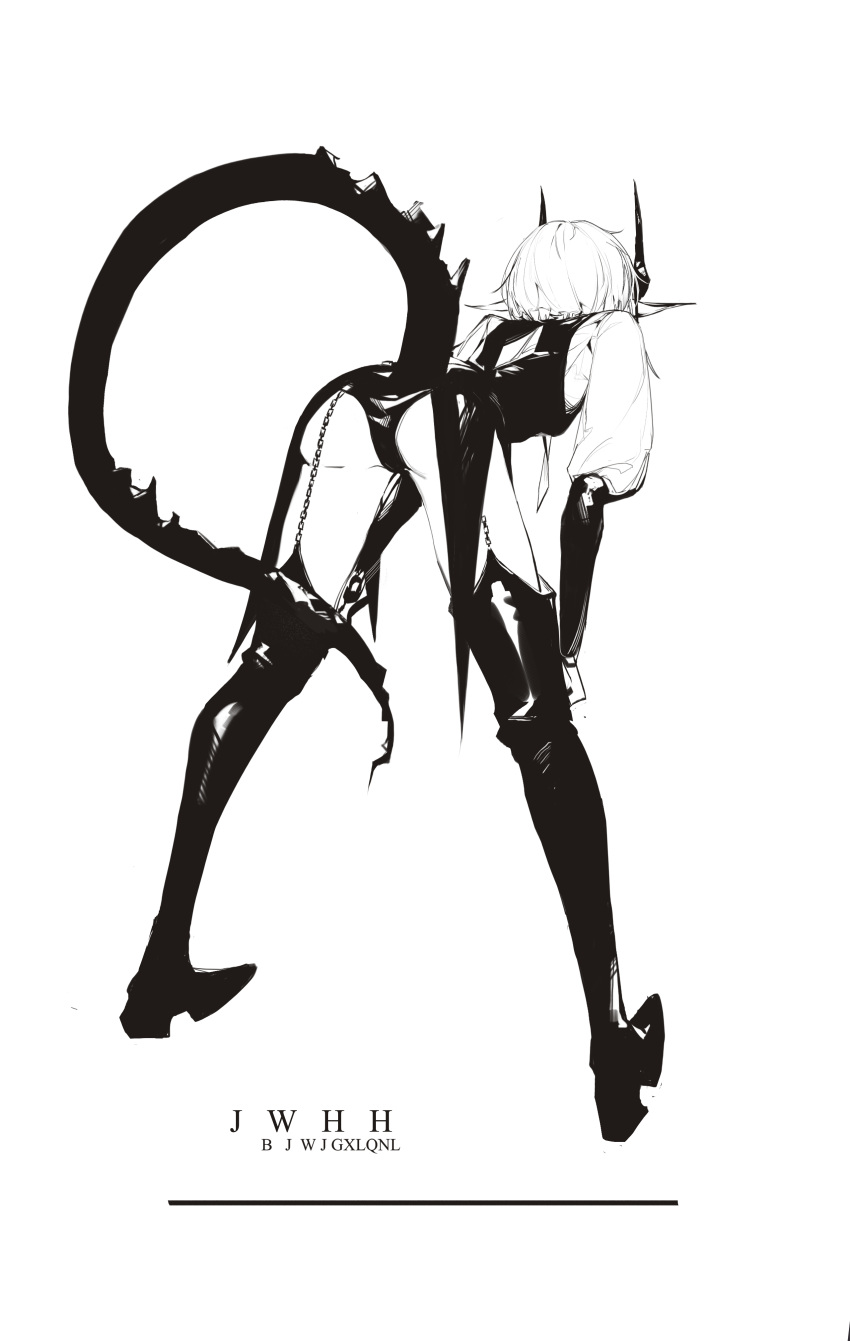 1girl absurdres anhao1224 ass ass_focus bent_over boots chain clothing_cutout demon_girl demon_horns demon_tail diamond_cutout greyscale hands_on_own_knees high_heel_boots high_heels highres horns leaning_forward monochrome original panties pointy_ears puffy_sleeves short_hair simple_background sketch solo tail thigh_boots underwear white_background