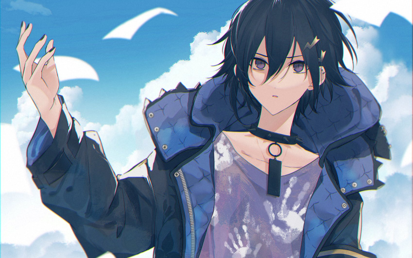 1boy black_armband black_collar black_hair black_jacket black_nails blue_sky cloud collar day ear_piercing earrings flying_paper hair_between_eyes hair_ornament hairclip hand_print hand_up highres holostars hood hood_down hooded_jacket jacket jewelry kanade_izuru lightning_bolt_hair_ornament lightning_bolt_symbol looking_at_viewer male_focus o-ring open_clothes open_jacket padded_jacket paper parted_lips piercing purple_eyes purple_shirt shirt short_hair sky slit_pupils solo spiked_collar spikes two-sided_fabric two-sided_jacket upper_body virtual_youtuber xmayo0x