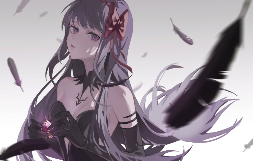 1girl absurdres akemi_homura akuma_homura bare_shoulders black_collar black_dress black_gloves black_hair breasts cleavage collar dress elbow_gloves expressionless feathers floating floating_hair floating_object from_side gloves gradient gradient_background grey_background hairband highres izefia938 long_hair looking_at_viewer mahou_shoujo_madoka_magica mahou_shoujo_madoka_magica_movie motion_blur parted_lips purple_eyes red_hairband solo soul_gem straight_hair strapless strapless_dress upper_body