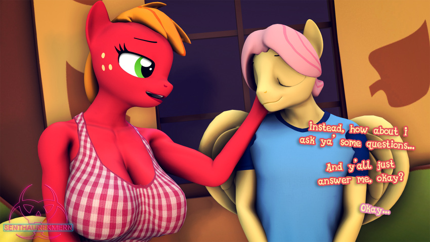 3d_(artwork) anthro anthrofied big_breasts big_macintosh_(mlp) breasts cleavage clothed clothing crossgender digital_media_(artwork) equid equine female fluttershy_(mlp) friendship_is_magic ftm_crossgender hi_res male mammal mtf_crossgender my_little_pony senthaurekmern