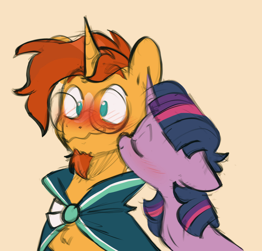 absurd_res blue_eyes blush cape chub-wub clothing doodle-mark doodlemark equid equine eyes_closed eyewear facial_hair female friendship_is_magic glasses goofy_smile hair hasbro hi_res horn kissing male mammal my_little_pony orange_hair purple_hair smile sunburst_(mlp) twilight_sparkle_(mlp) unicorn