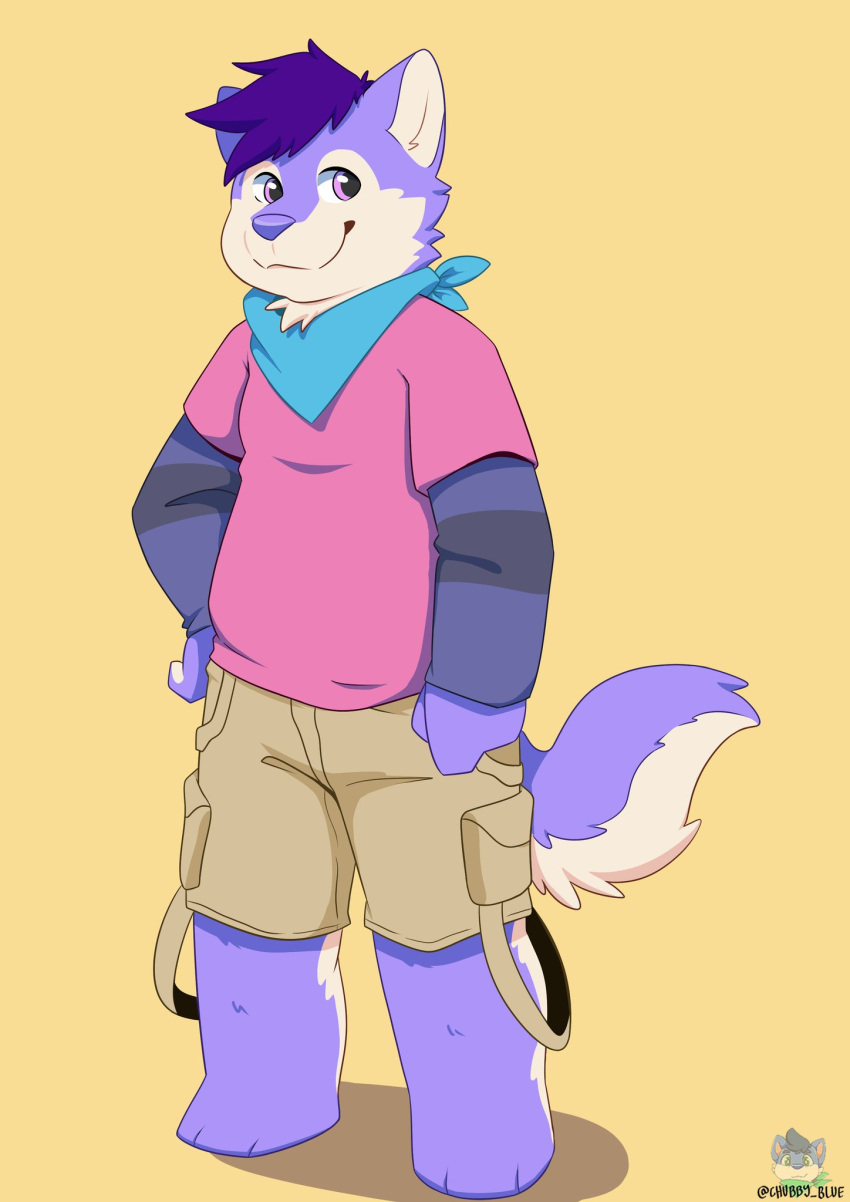 anthro bandana_on_neck bluechubbywolf canid canine canis chihiro_(calahootheyeen) clothing fluffy fluffy_tail fur hi_res lavender_fur layered_clothing male mammal pattern_clothing purple_body purple_fur shirt slightly_chubby solo striped_clothing stripes topwear white_body white_fur wolf