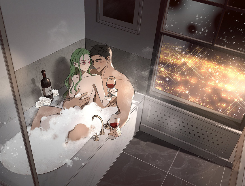1boy 1girl alcohol bathroom bathtub black_eyes blush bosssama bottle breast_grab breasts brown_hair cityscape convenient_censoring copyright_request cup drinking_glass eye_contact faucet flower grabbing green_hair hand_on_another's_chest hetero highres korean_commentary large_breasts light_particles long_hair looking_at_another mole mole_on_neck muscular muscular_male nude red_eyes rose short_hair smile snowing soap_bubbles white_flower white_rose window wine wine_bottle wine_glass