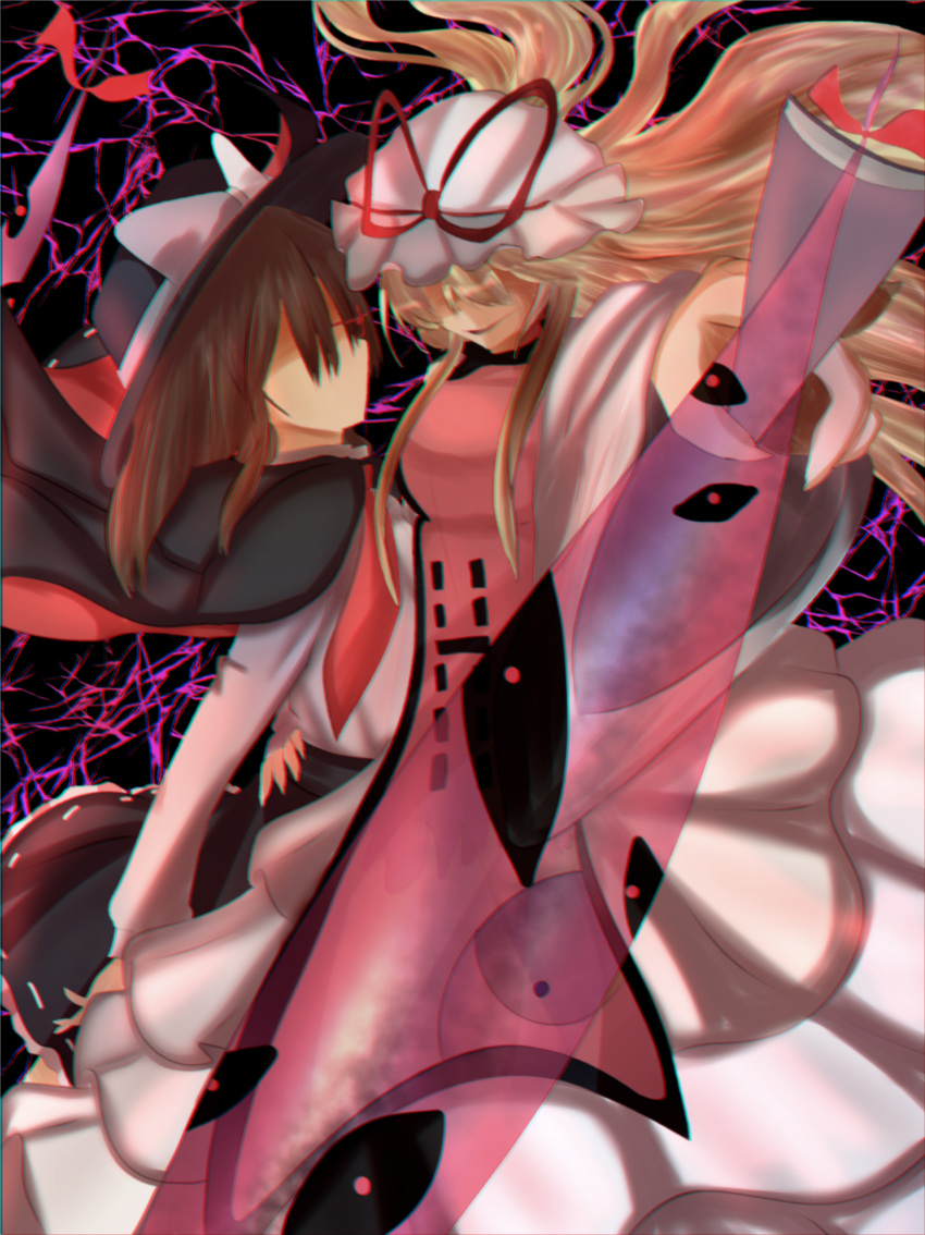 absurdres blonde_hair bonbon eyeshadow gap_(touhou) hat highres hug makeup non-web_source purple_background shirt touhou usami_renko white_shirt yakumo_yukari