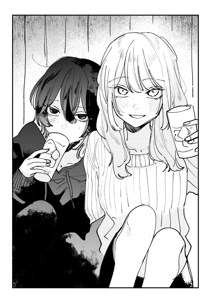 2girls 6noseenji absurdres border cup drinking fingernails glass greyscale grin hair_strand highres holding holding_cup ice ice_cube leaning_on_another leaning_on_person looking_at_viewer monochrome multiple_girls original smile wall