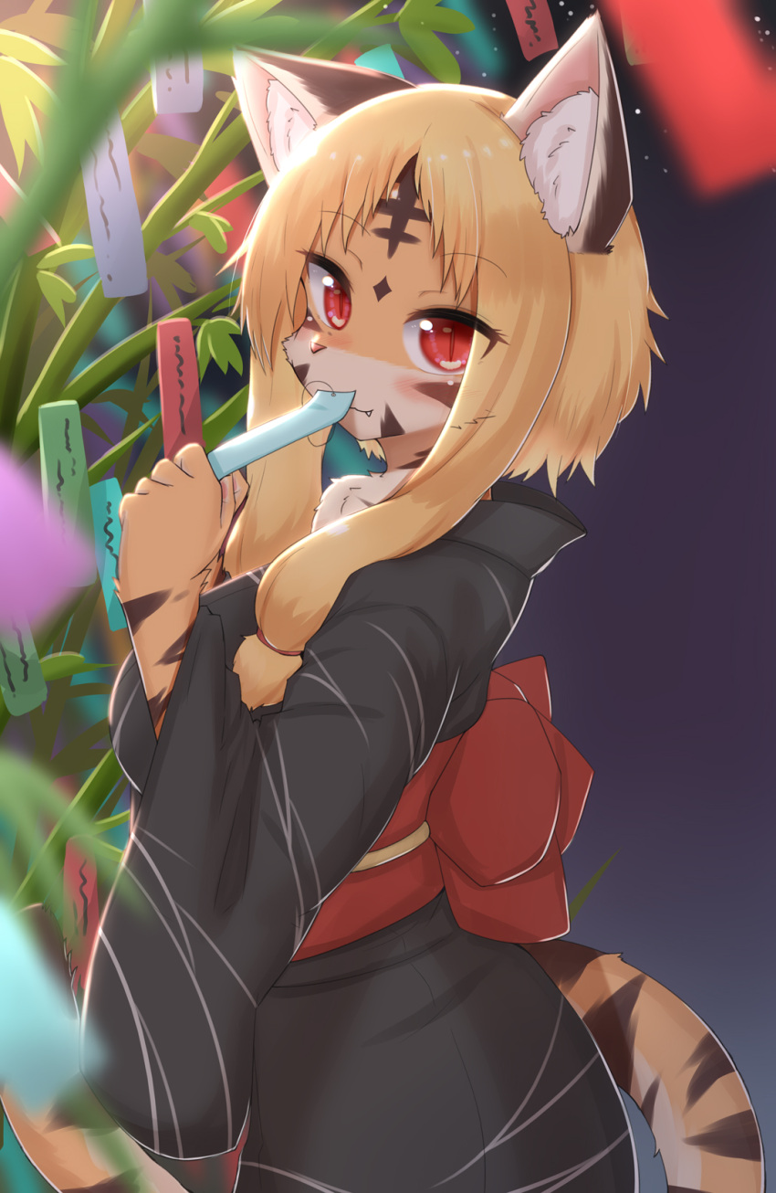2022 anthro asian_clothing black_body black_fur blonde_hair blush clothed clothing cute_fangs east_asian_clothing felid female fur hair hi_res holding_object horokusa0519 inner_ear_fluff japanese_clothing kemono looking_at_viewer looking_back mammal multicolored_body multicolored_fur pantherine pupils red_eyes slit_pupils solo tiger tora-chan_(horokusa) tuft white_body white_fur yellow_body yellow_fur