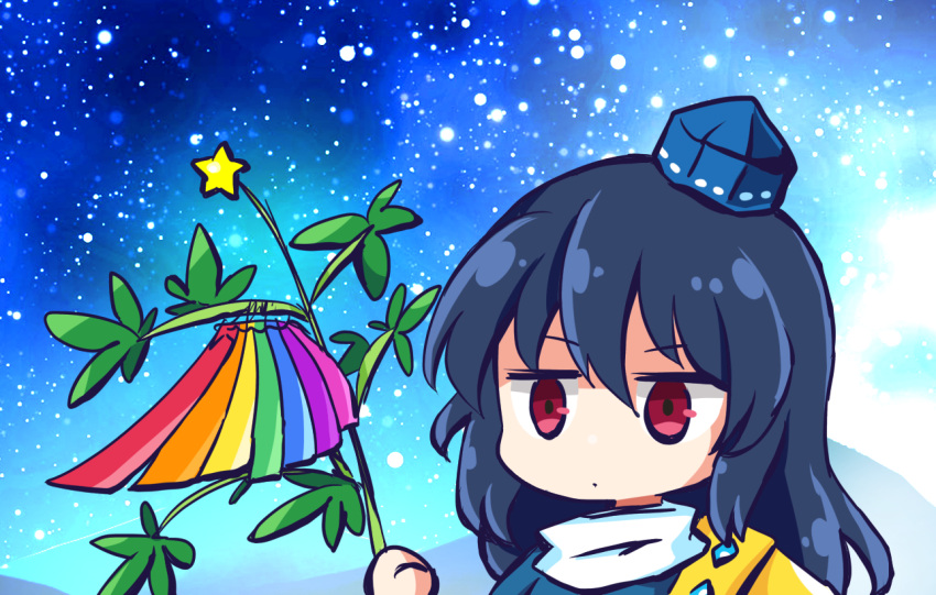 1girl blue_dress blue_hair blue_headwear closed_mouth dress hair_between_eyes hat iizunamaru_megumu long_hair pote_(ptkan) red_eyes shoulder_guard solo star_(symbol) tanabata tokin_hat touhou