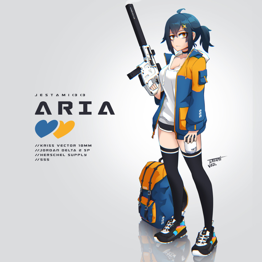 1girl absurdres air_jordan aria_(jestami) backpack backpack_removed bag bags_under_eyes black_choker black_hair black_legwear black_shorts blue_jacket breasts character_name choker cleavage coffee_cup cup disposable_cup dolphin_shorts drawstring english_commentary english_text full_body gun hair_ornament hairclip highres holding holding_gun holding_weapon hood hood_down hoodie jacket jestami kriss_vector looking_at_viewer medium_breasts medium_hair nike open_clothes open_jacket orange_eyes original ponytail reflective_floor shoes short_ponytail shorts sneakers solo standing submachine_gun suppressor thighhighs thighs weapon white_hoodie