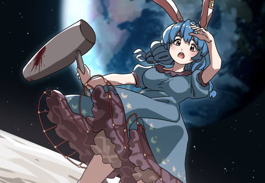 1girl :o ambiguous_red_liquid animal_ears bloomers blue_hair braid breasts dress earclip earth_(planet) frilled_dress frills highres kine large_breasts long_hair looking_at_viewer mallet moon moon_rabbit open_mouth planet rabbit_ears rabbit_girl red_eyes seiran_(touhou) sky solo space star_(sky) star_(symbol) star_print starry_sky touhou tuck twin_braids underwear