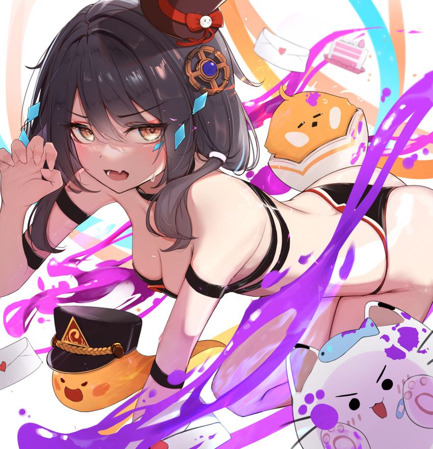 1girl absurdres all_fours arm_strap ass bare_shoulders bikini black_bikini black_choker black_hair breasts canizzz choker claw_pose cleavage elsword eve_(2nas)_(elsword) eve_(elsword) facial_mark fang hair_ornament hat highres long_hair looking_at_viewer mini_hat mini_top_hat moby_(elsword) open_mouth orange_eyes remy_(elsword) small_breasts solo strapless strapless_bikini string_bikini sweatdrop swimsuit thighs top_hat v-shaped_eyebrows