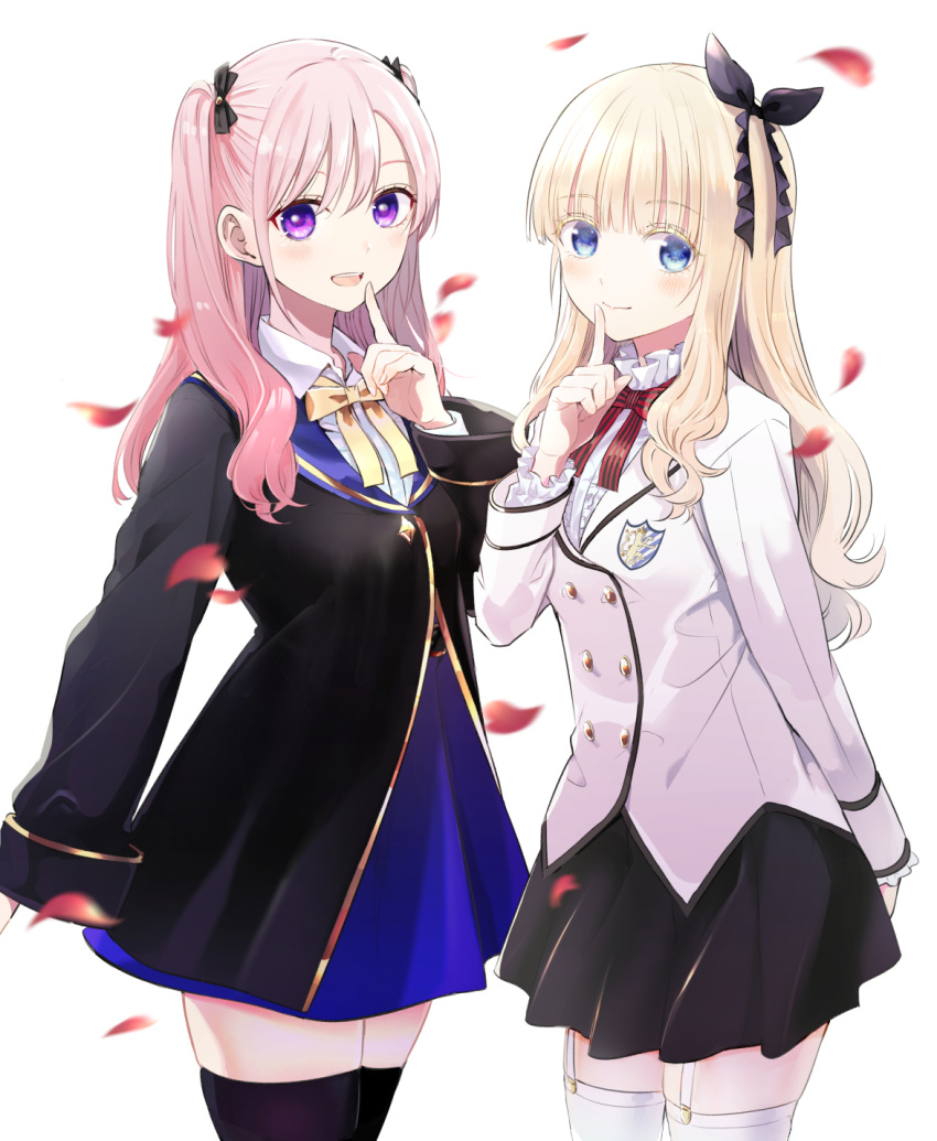 2girls :d bangs black_bow black_jacket black_legwear black_ribbon black_skirt blazer blonde_hair blue_eyes blue_skirt blush bow breasts closed_mouth collared_shirt commentary_request dress_shirt finger_to_mouth garter_straps hair_between_eyes hair_bow hair_ribbon hand_up highres jacket juliet_persia kishuku_gakkou_no_juliet long_hair medium_breasts multiple_girls natsupa original petals pink_hair pleated_skirt purple_eyes red_bow ribbon school_uniform shirt simple_background skirt smile standing striped striped_bow thighhighs two_side_up very_long_hair white_background white_jacket white_legwear white_shirt yellow_bow