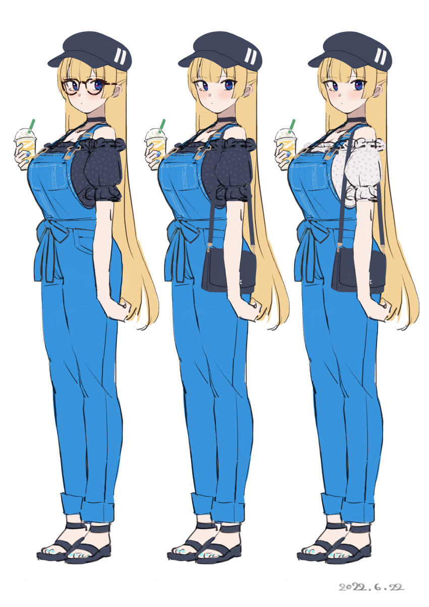 1girl black_footwear black_headwear black_shirt blonde_hair blue_eyes blue_nails breasts cup dated disposable_cup from_side glasses hair_behind_ear highres holding holding_cup large_breasts lina_(michihasu) long_hair looking_at_viewer michihasu off-shoulder_shirt off_shoulder original overalls sandals shirt variations white_background white_shirt