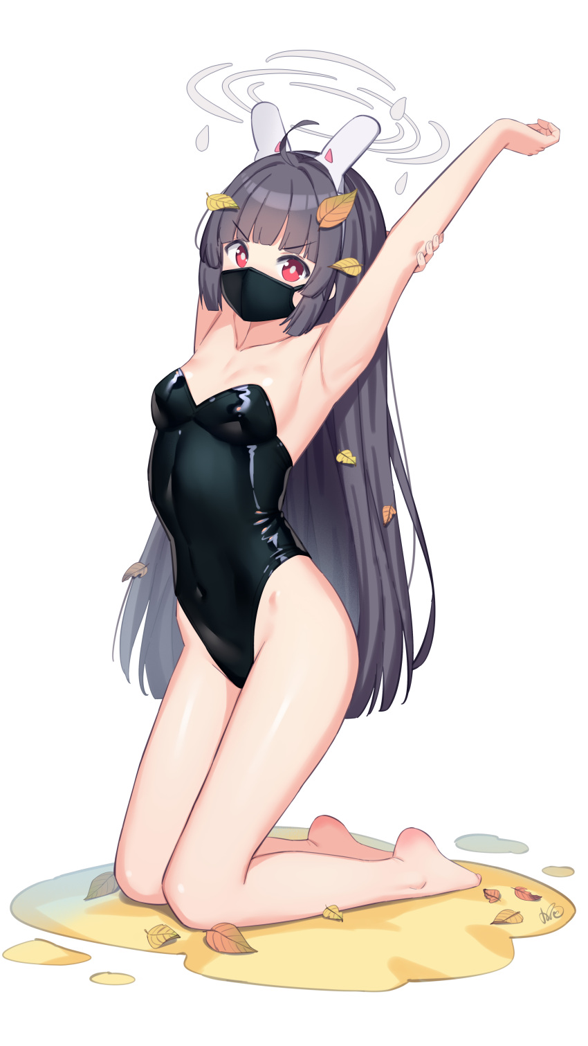 absurdres angry animal_ears bare_arms bare_legs bare_shoulders barefoot black_hair black_leotard blue_archive breasts covered_navel fake_animal_ears highleg highleg_leotard highres kneeling leotard long_hair mask miyu_(blue_archive) mouth_mask rabbit_ears red_eyes small_breasts strapless strapless_leotard stretch xiaoxi0619