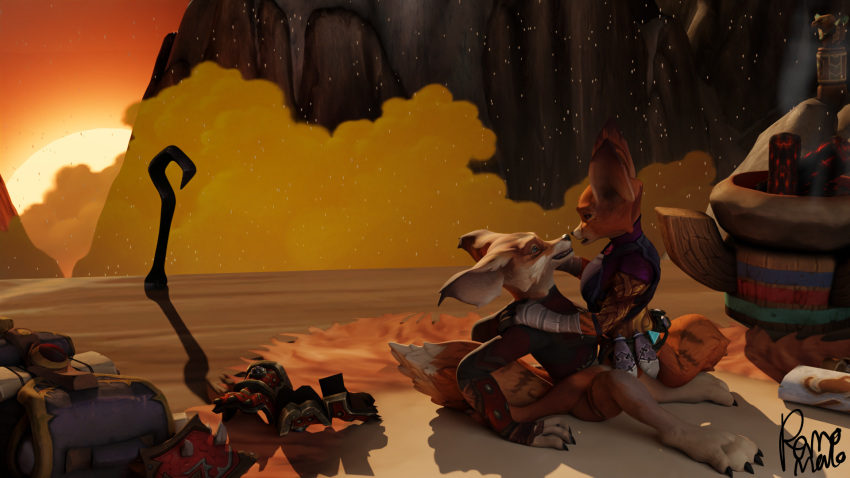 anthro blizzard_entertainment canid duo eye_contact female hi_res landscape looking_at_another male male/female mammal on_lap perromalo romantic sitting_on_lap video_games vulpera warcraft