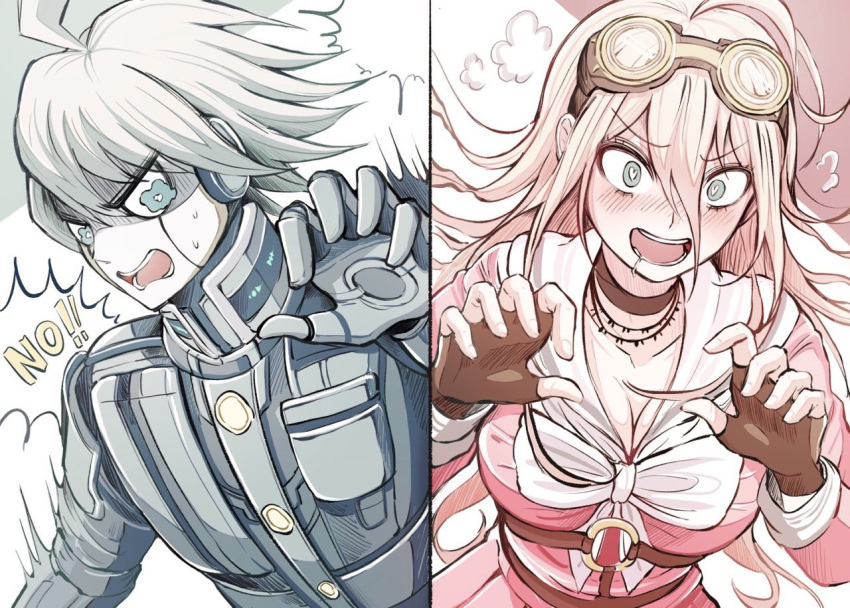 1boy 1girl ahoge bangs barbed_wire black_choker blonde_hair blue_eyes breasts brown_gloves choker cleavage danganronpa_(series) danganronpa_v3:_killing_harmony fingerless_gloves gloves goggles goggles_on_head green_eyes grey_hair hair_between_eyes hands_up iruma_miu keebo large_breasts long_hair minseo_(101x404) o-ring open_mouth pink_background pink_shirt power_armor saliva shirt short_hair smile speech_bubble split_theme teeth tongue upper_body white_background