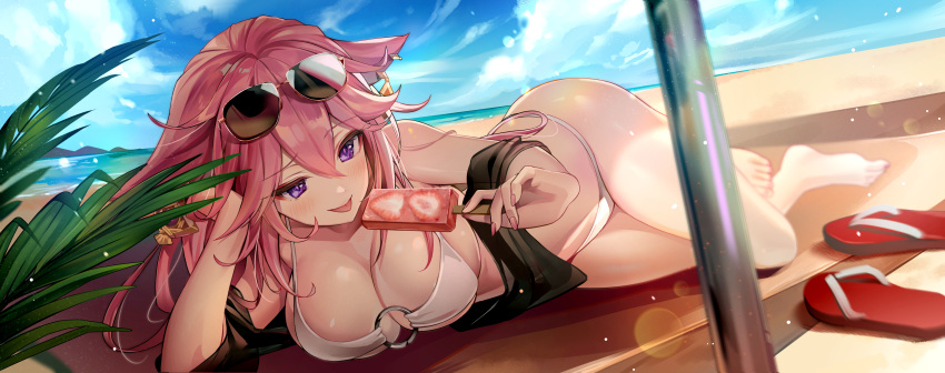 1girl absurdres animal_ears bare_shoulders barefoot beach bikini breasts cleavage day earrings eyewear_on_head food fox_ears genshin_impact halter_top halterneck head_rest highres holding jewelry large_breasts long_hair looking_at_viewer luna_nyann lying o-ring o-ring_bikini on_side outdoors pink_hair popsicle purple_eyes raised_eyebrow shawl slippers slippers_removed smile solo string_bikini sunglasses swimsuit thighs tongue tongue_out white_bikini yae_miko