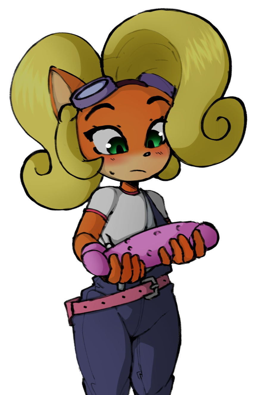 2022 activision anthro blonde_hair blush bodily_fluids clothing coco_bandicoot color_edit colored crash_bandicoot_(series) dildo edit eyelashes female fur green_eyes hair hi_res long_hair overalls ponytail sex_toy solo sweat tenshigarden video_games