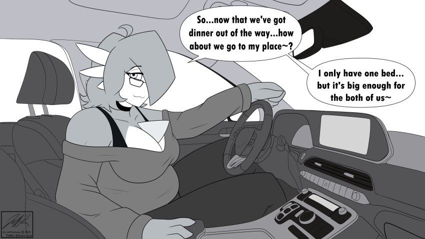 absurd_res big_breasts breasts car cleavage clothed clothing english_text eyewear female gardevoir glasses hi_res humanoid jeffthehusky julia_caernarvon mature_female monochrome nintendo pok&eacute;mon pok&eacute;mon_(species) sitting slightly_chubby solo text vehicle video_games