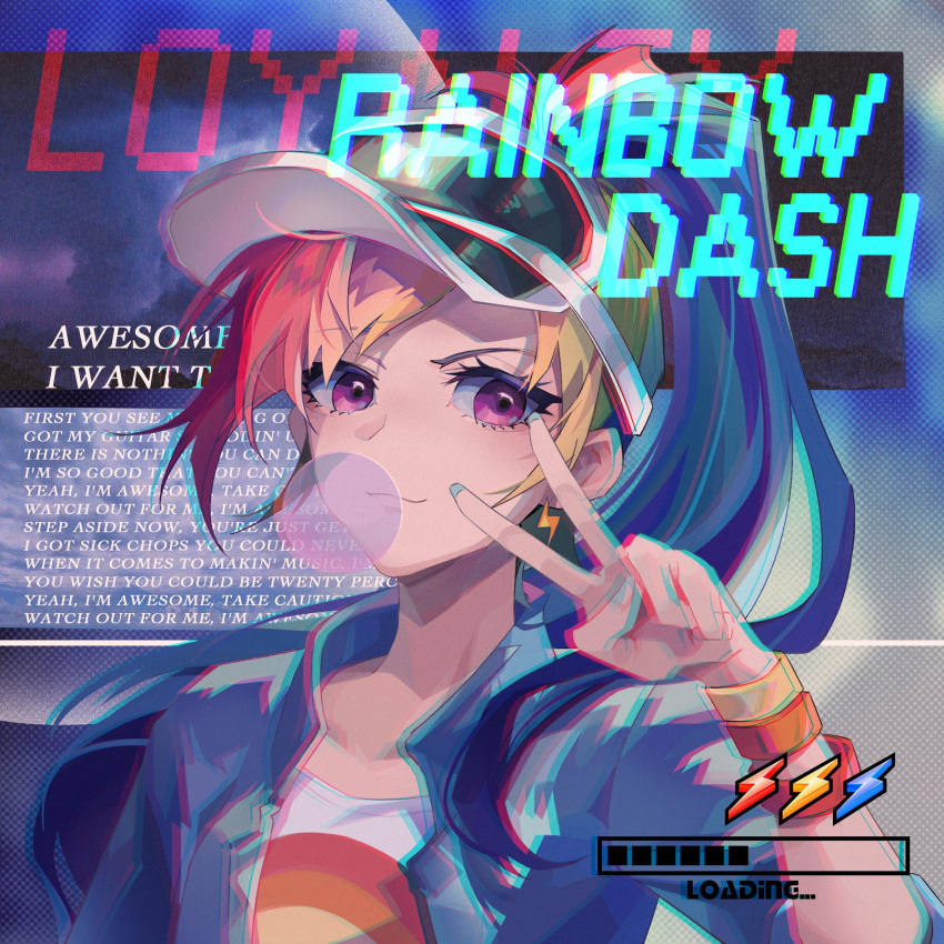 1girl alice_xjy bracelet character_name chewing_gum english_text fingernails hat highres jewelry looking_at_viewer multicolored_hair my_little_pony my_little_pony_equestria_girls nail_polish ponytail rainbow_dash rainbow_hair solo v