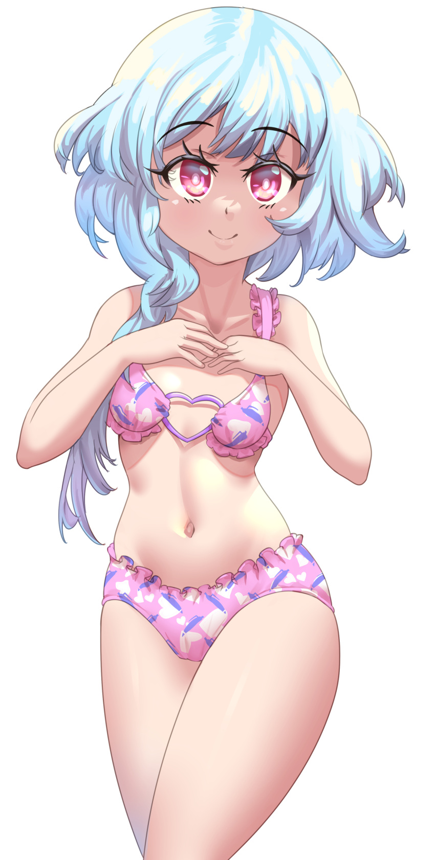 1girl absurdres blue_hair blush bra breasts cjhomics cowboy_shot frilled_bra frilled_panties frills gradient_hair groin hands_on_own_chest hands_up heart heart_o-ring heart_print highres hip_focus lingerie looking_at_viewer medium_hair midriff multicolored_hair navel neptune_(series) no_wings o-ring o-ring_top panties pink_bra pink_eyes pink_panties short_hair_with_long_locks side_ponytail small_breasts smile solo standing thighs underwear underwear_only white_sister_rom