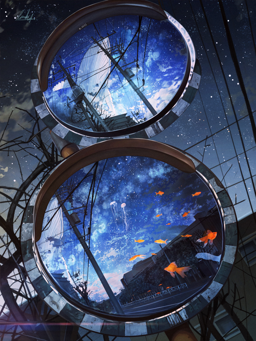 absurdres banishment blue_sky fantasy fish goldfish highres jellyfish mirro night original power_lines road scenery sky star_(sky) starry_sky street whale