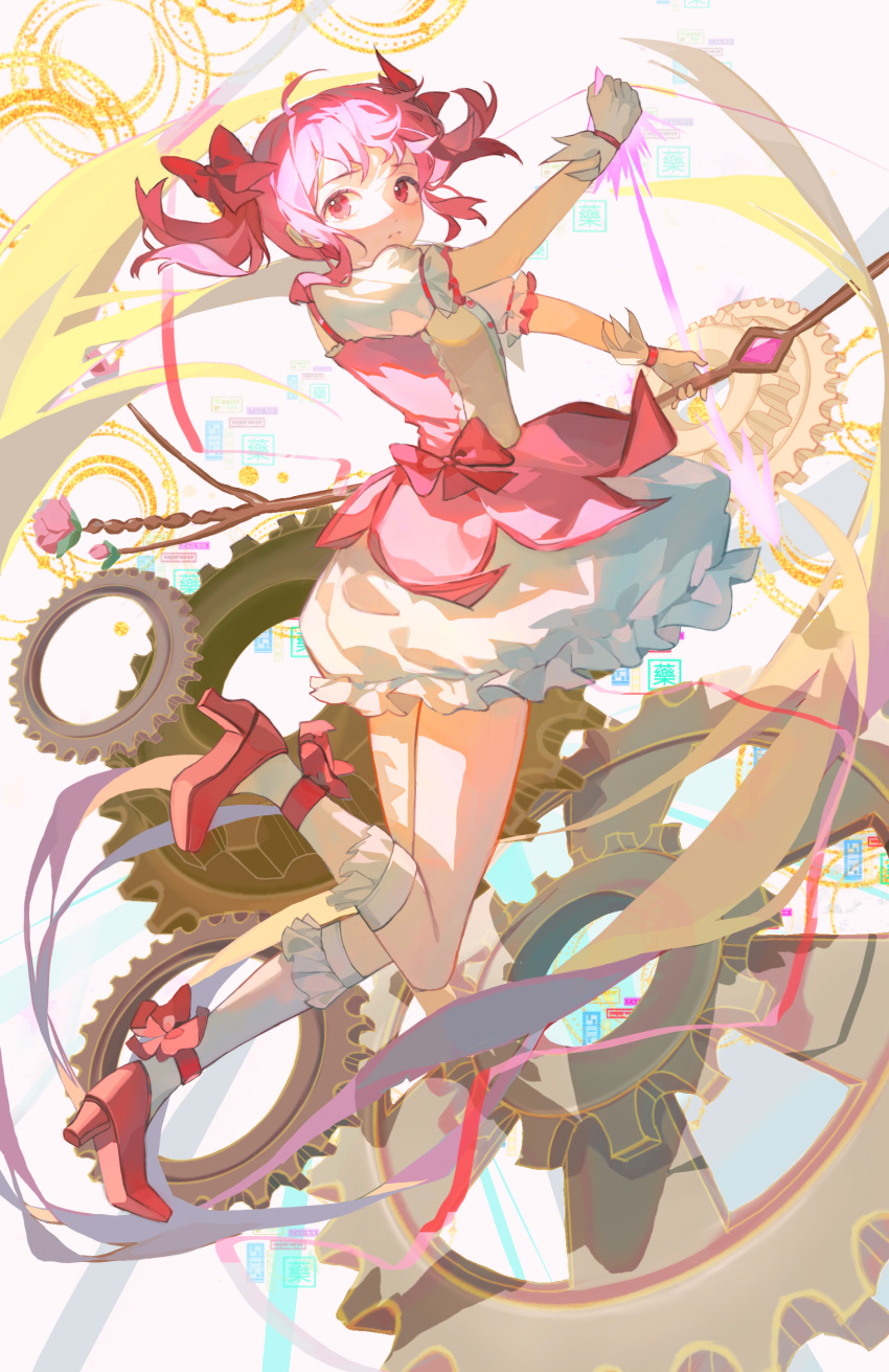 1girl absurdres ahoge arrow_(projectile) bangs bow bow_(weapon) bubble_skirt chinese_commentary commentary_request dress dress_bow floating_hair flower footwear_bow frilled_legwear frown full_body gears gloves glowing glowing_weapon hair_bow high_heels highres holding holding_arrow holding_bow_(weapon) holding_weapon kaname_madoka leg_up looking_back mahou_shoujo_madoka_magica parted_lips pink_dress pink_eyes pink_flower pink_hair pink_rose puffy_short_sleeves puffy_sleeves red_bow red_footwear rose shoes short_hair short_sleeves short_twintails shu_bing skirt solo twintails weapon white_gloves white_kneehighs