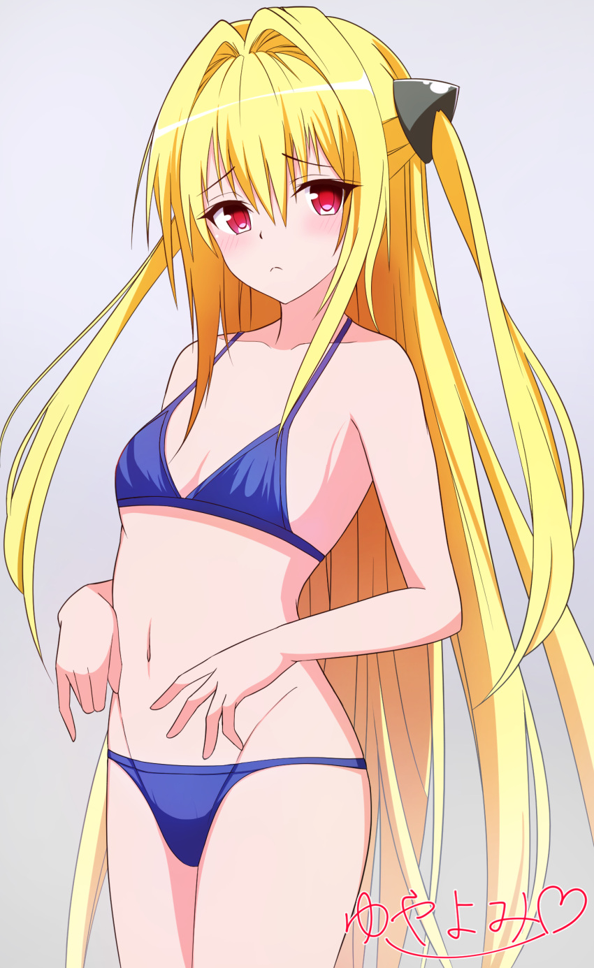 1girl bikini blonde_hair blue_bikini cowboy_shot flat_chest grey_background highres konjiki_no_yami long_hair looking_at_viewer red_eyes signature solo standing swimsuit to_love-ru two_side_up very_long_hair yuyayomi