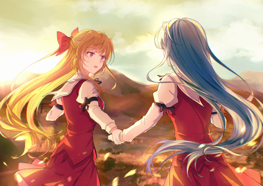 2girls absurdres blonde_hair blue_hair floating_hair from_behind hairband half_updo highres himemiya_chikane holding_hands kannazuki_no_miko kurusugawa_himeko leaf long_hair long_sleeves mountain multiple_girls ototachibana_academy_uniform outdoors puffy_long_sleeves puffy_sleeves purple_eyes red_skirt school_uniform sidelocks skirt skirt_set sky sunlight twilight very_long_hair wind ye_(pixiv4862539) yellow_hairband