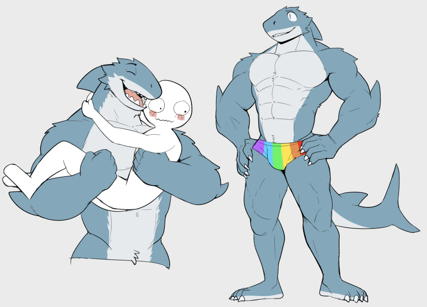 abs anthro bulge duo embrace fish fluffy hi_res hug jrjresq male marine muscular muscular_male pecs rainbow_pride_colors shark smile ych_(character)