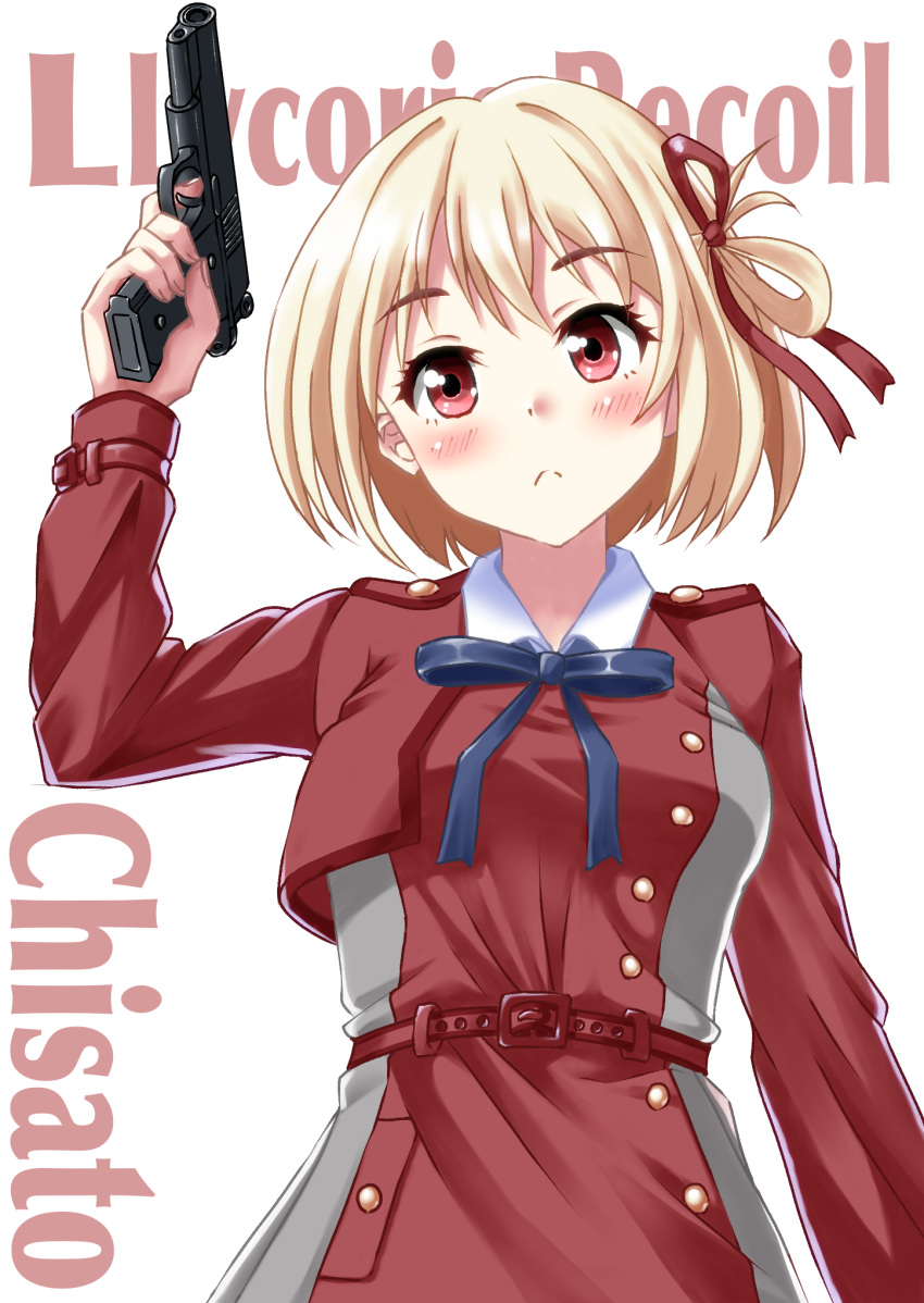 1girl arm_up background_text bangs blonde_hair blue_bow blush bow breasts character_name closed_mouth commentary_request copyright_name dress gun hair_ribbon handgun highres holding holding_gun holding_weapon kaze_makase long_sleeves looking_at_viewer lycoris_recoil medium_breasts nishikigi_chisato red_dress red_eyes red_ribbon ribbon simple_background solo weapon weapon_request white_background