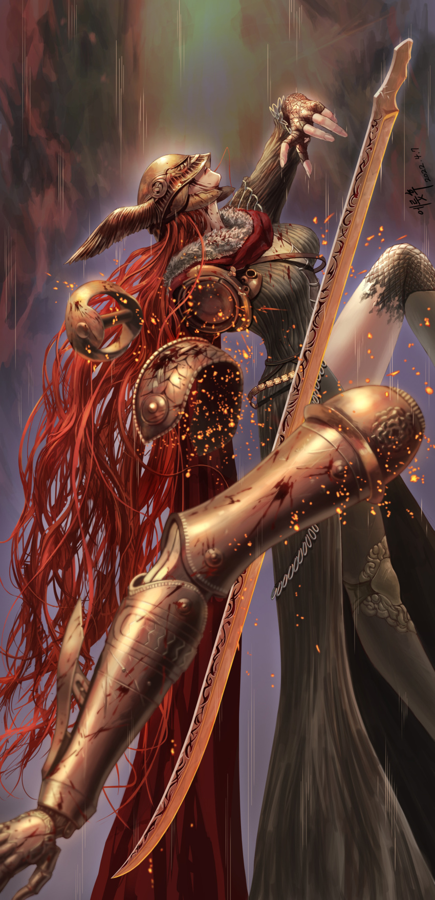 1girl absurdres armor breasts cape closed_mouth covered_eyes disarming dress elden_ring eruthu helmet highres holding holding_sword holding_weapon long_hair malenia_blade_of_miquella mechanical_arms prosthesis prosthetic_arm prosthetic_leg red_cape red_hair simple_background single_mechanical_arm solo sword very_long_hair weapon winged_helmet