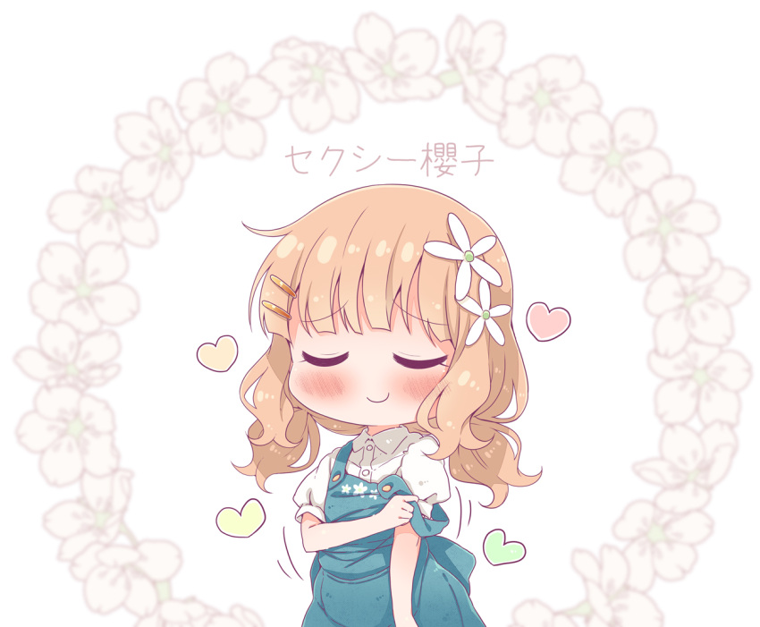 1girl blonde_hair blush closed_eyes closed_mouth floral_background flower hair_flower hair_ornament heart oomuro_sakurako shiny shiny_hair short_hair simple_background smile solo takahero upper_body white_background yuru_yuri