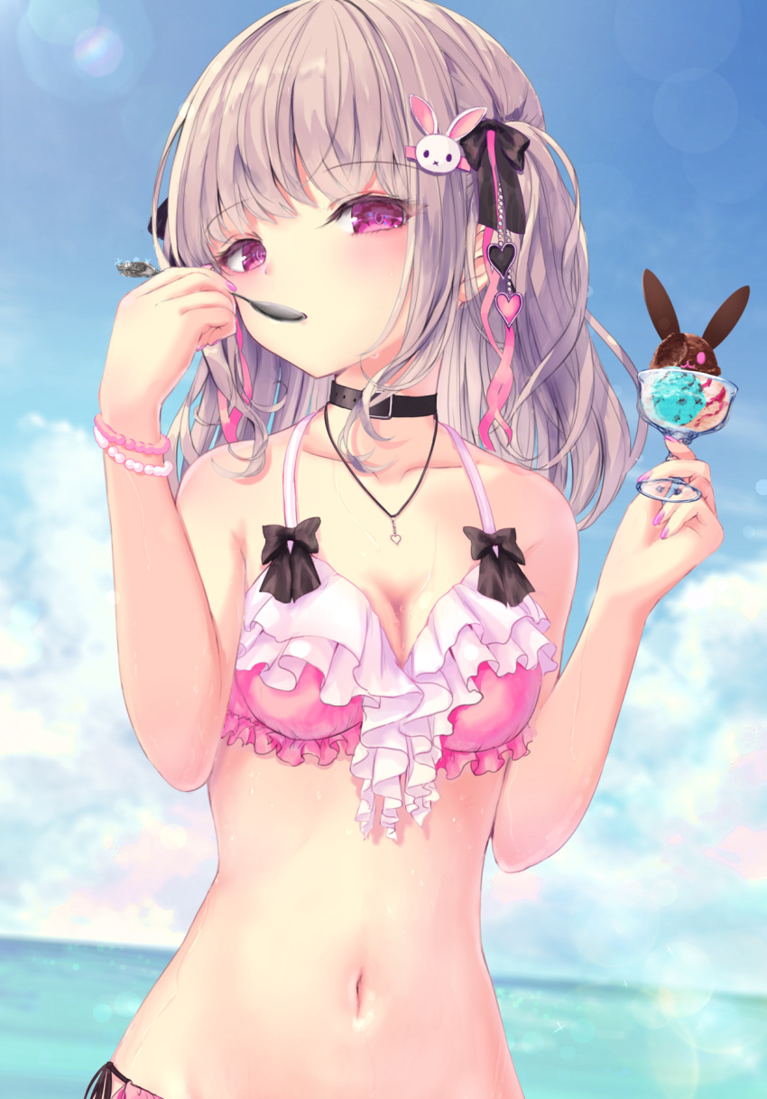 1girl bikini blue_sky breasts choker cleavage cloud cloudy_sky collarbone eating frilled_bikini frilled_swimsuit frills highres lens_flare looking_at_viewer medium_hair missile228 navel ocean original red_eyes sky small_breasts spoon standing sunlight swimsuit